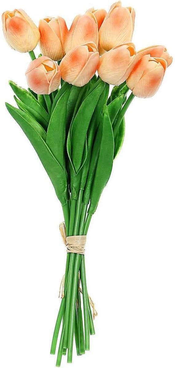 Efavormart 10 Pcs Real Touch Artificial Tulips, 13" Lifelike PU Floral Stems for Wedding Bouquets, DIY Centerpieces and Home Party Decor, Peach