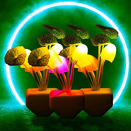 Image of ComSaf Plug in Wall LED Mushroom Night Light Lamp with Dusk to Dawn Sensor, Auto On /Off Cute Color Changing Bed Nightlight LED Wall Light - Dim Night Light for Bedroom [Pack of 3]