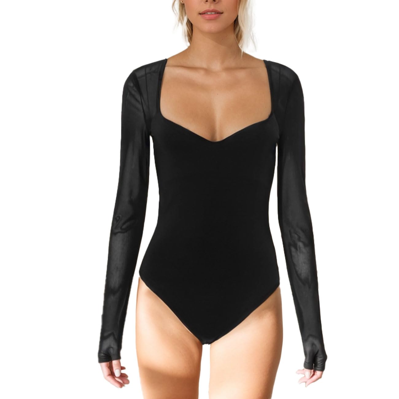 EMOTTOS Women Sheer Mesh Patchwork Bodysuit, Sexy Backless Bodysuits with Sweetheart Neck, Transparent Deep V Leotard Top with Mesh Sleeve, One-Piece Bodysuits with Snap Closure for Ladies, Black, M
