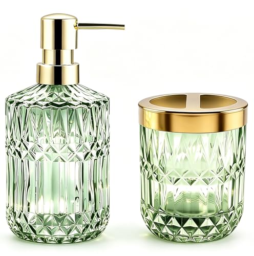 2Pcs Green Bathroom Accessories Set Glass Bathroom Accessories Vintage Bathroom Countertop Decoration Includes Soap Dispenser Toothbrush Holder