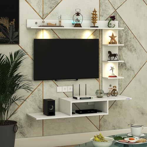 Image of Wintor Engineered Wood Wall Mounted TV Unit with 4 LED Lights, 3 Open Shelves, 1 Storage Box & Decorative Display Shelf for Living Room | Ideal for Upto 43 Inch TV- White(DIY Assembly)