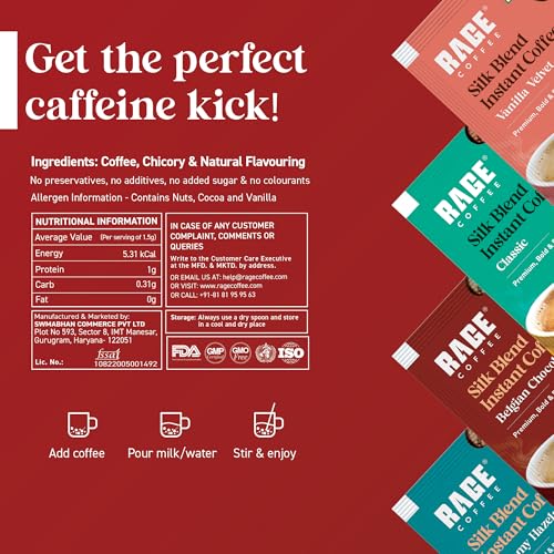 Image of Rage Coffee - Silk Blend Assorted Sachets, Pack of 15 (3 Classic, 4 Creamy Hazelnut, 4 Vanilla Velvet & 4 Belgian Chocolate) +Multi-purpose Shaker 400 ML