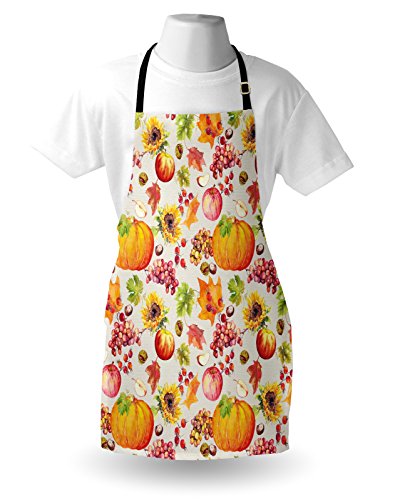 Lunarable Thanksgiving Apron, Fruits And Vegetables Pumpkin Apples Grape With Autumn Leaves In Watercolors, Unisex Kitchen Bib With Adjustable Neck For Cooking Gardening, Adult Size, Orange #TOP2