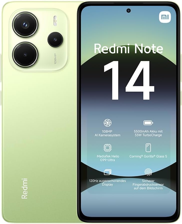 Xiaomi Teléfono inteligente Redmi Note 14, 8 GB+256 GB, verde lima, sistema de cámara AI de 108 MP, batería de 5500 mAh, pantalla de cuidado ocular de 120 Hz, funciones de IA (no incluye cargador)