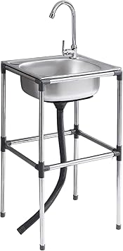 Kitchen Sink,Stainless Steel Commercial Sink, Portable with Faucet, Free Standing Single Bowl, for Camping, for Outdoor Indoor, Laundry, Backyard, Garage