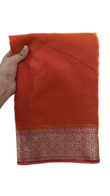 Orange rust kota doria cotton Banarasi Silk Saree with Golden Zari Border & Rich Border_ANE09-image-0