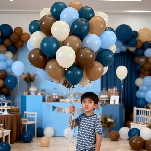 Image of Blue and Brown Balloons Bear Dusty Pastel Blue Khaki Nude White Sand Balloons Tan Apricot Beige Cream Balloon for Boys One Sweet Cookie Baby Shower Birthday Gender Reveal Party Decorations