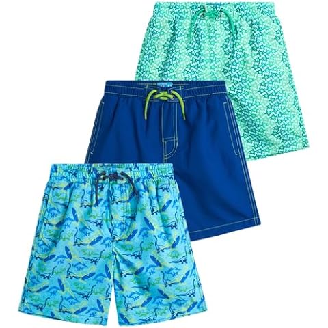Boys' Swim Trunks - 3 Pack UPF 50+ Quick Dry Board Shorts Bathing Suit -Swimwear for Boys (Size: 5-14), Size 10, Turtles/Navy/Blue Dinosaur Cover