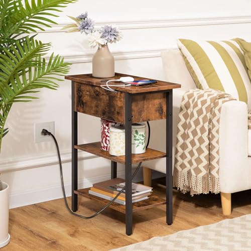 HOOBRO Narrow End Table with Charging Station and USB Ports for Small Spaces - Rustic Brown