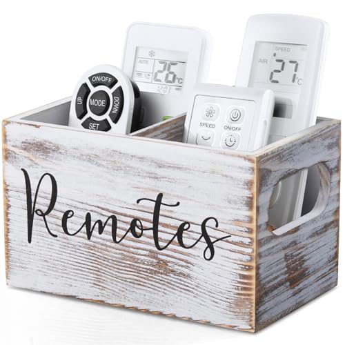 DRASTAR Remote Control Holder, Retro White TV Remote Holder, Remote Organizer Caddy for Table, Wooden Remote Box for Nightstand, Remote Caddy with 2 Slots