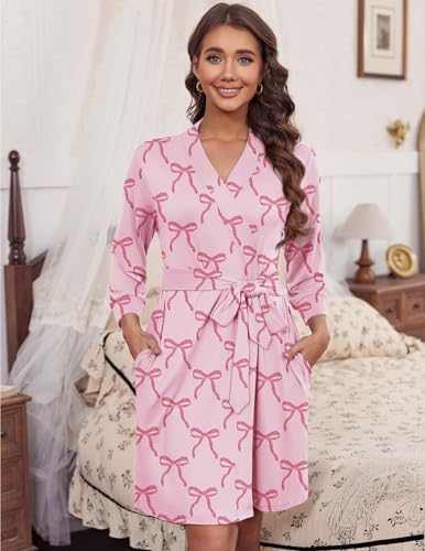 Image of Ekouaer Women's Robes Lightweight 3 /4 Sleeve Short Knit Bathrobe Soft Knee Length Sleepwear Robes with Pockets S-XXL