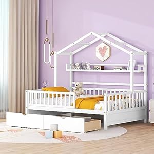 DEINPPA Full House Bed with Drawers, Kids Bed with Shelf and Fence Guardrails, Wood Bed Frame with Decorative Roof Designs, No Box Spring Needed, for Boys Girls Toddler Kids-White DEINPPA Full House Bed with Drawers Kids Bed with Shelf and Fence Guardrails Wood Bed Frame with Decorative Roof Designs No Box Spring Needed for Boys Girls Toddler Kids White