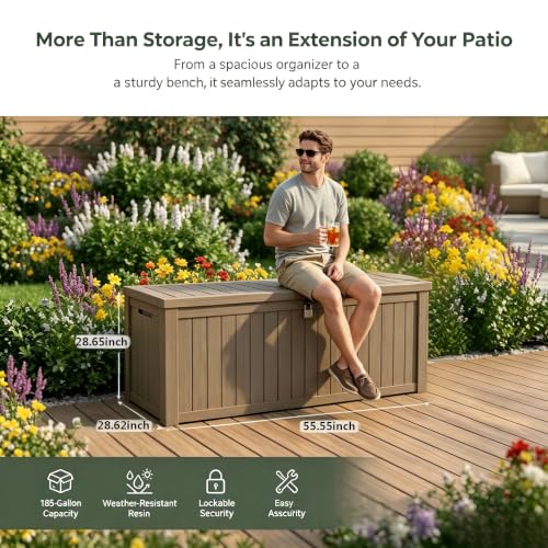 Image of 185 Gallon Deck Box Outdoor Storage, Weatherproof Resin Patio Container for Cushions Garden Tools Pool Accessories, Lockable Lid with Handles, Bench Seat for Yard Patio Garage
