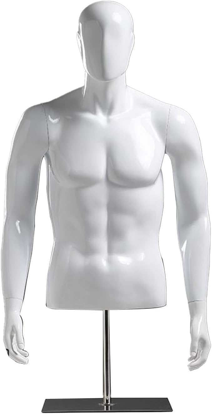CONGRUI Male Mannequin Fiberglass Torso Equipped with Detachable Arms and Metal Base for Display Windows Retail Stores(White)