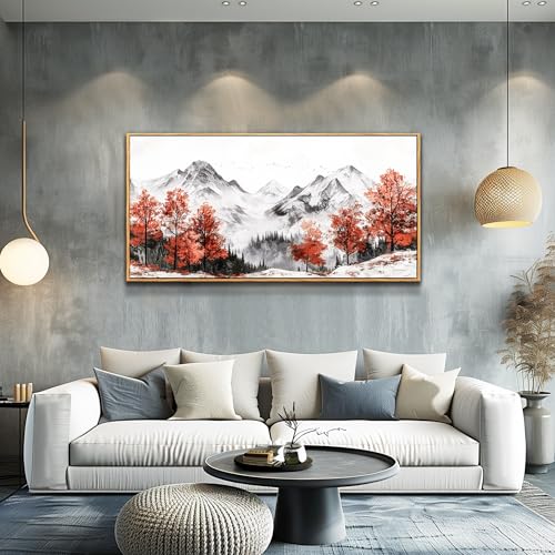 PHAOHUAXM Large Canvas Wall Decor For Living Room Wall Art For Bedroom Office Murals Red Tree Ink-Wash Mountain Landscape Wall Pictures Restaurant Room Modern Home Decoration Wood Framed 24"X48"