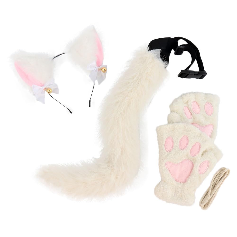 ILUFAM Fox Cat Ears Headband Paw Gloves Tail Set Animal Cosplay Costume Accessories for Halloween Christmas Fancy Party (White)