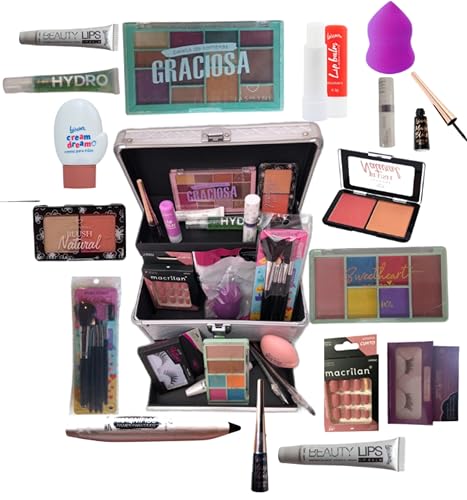 Maleta de Maquiagem Profissional Jasmyne Luisance Macrilan Rubys 129 Sombra Base Pincel Iluminador Lápis Pó Blush Primer Máscara Cílios Batom Lip Balm Demaquilante Delineador Esfumar Kabuki Completa