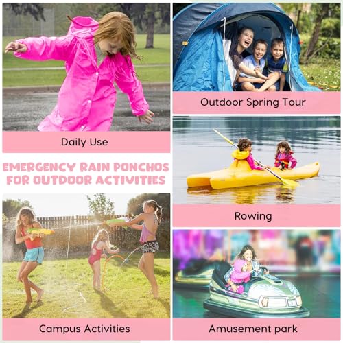 Image of BFONS Rain Ponchos for Kids, Reusable Raincoats for Boys Girls with Hood and Sleeves, Waterproof Rain Jackets for Travel Outdoor Pink 2PCS