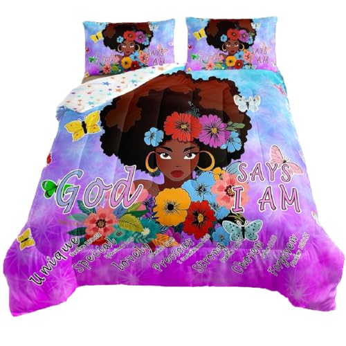 Black Girls Bedding Set Afro Girl Twin Comforter Set for Girls,American African Princess Magical Quilt for Toddler Kids Teenager,Teal Blue Purple Kawaii Room Decor