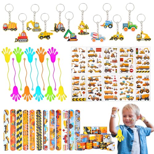 Hukermoon Construcción Juguetes Piñata de Cumpleaños Infantiles, Vehículos de Construcción Pulseras, Tatuajes Pegatinas, Llaveros, Manos Pegajosas, Construcción Artículos Regalos de Fiesta para Niños