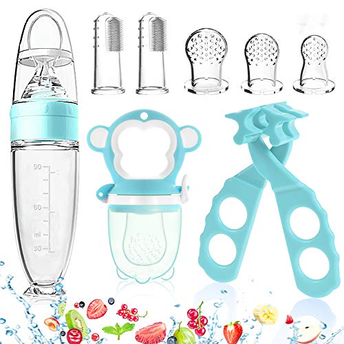 Fabur 8pz Alimentador de Fruta Para bebé, Cuchara Dispensadora de Comida y 2 Cepillo Dientes de Dedo, Chupete Fruta y Funda de Silicona de Repuesto, Tijeras de comida para bebé