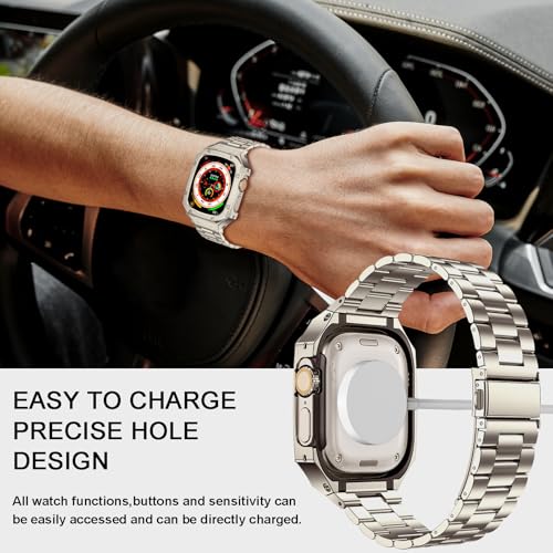 Image of BAITEYOU Stainless Steel Watch Band with Case Compatible with Apple Watch band Ultra 3 2 1 49mm, Rugged Strap with Metal Protective Bumper Cover for iWatch Bands Men (Titanium Color)