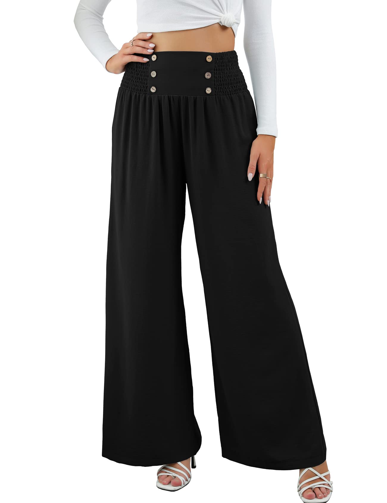 Perbai Womens Casual Wide Leg Palazzo Lounge Pants High Waisted Smocked Flowy Trousers