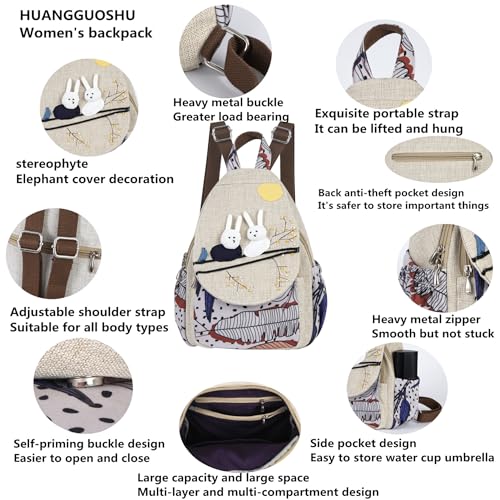 Image of Small Canvas Backpack, Retro Boho Washed Hippie for Women Daily Commute (Colorful Elephant Decorations)