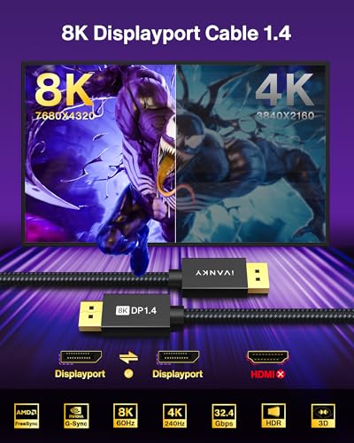Image of IVANKY DisplayPort Cable 1.4, 8K DP Cable 25ft [8K@60Hz, 4K@240Hz, 1080P@240Hz], Support HBR3, 32.4Gbps, HDCP 2.2, HDR, Compatible for Gaming Monitor, TV, PC, Laptop and More, Black-25ft