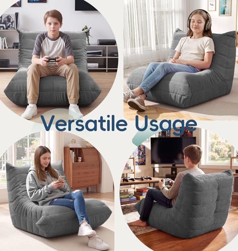 Image of Hobestluk Medium Bean Bag Chair Faux Fur Fabric BeanBag Couch for Playroom | Grey Corduroy,Ergonomic Design,Memory Foam,Strong Supportive,No Assembly Required,Decorative Style for Living Room Bedroom