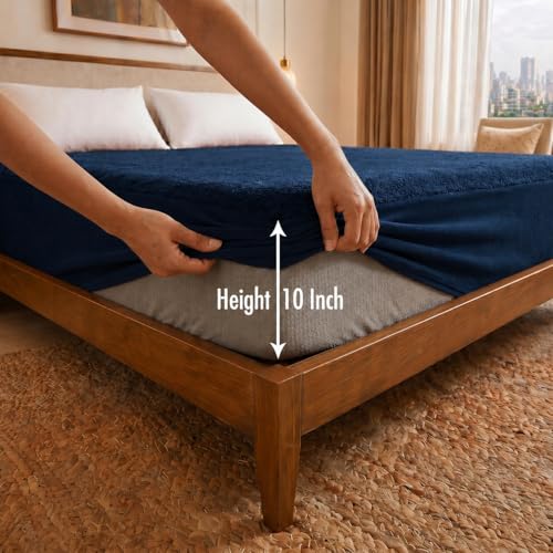 Image of Cotton Feel Terry 72x72 inch Ultra Soft Waterproof Mattress Protector Double Bed Size | Breathable Hypoallergenic Mattresses Cover for Double Bed Size (Dark Blue)