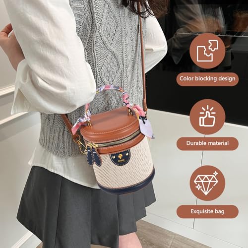Image of 2025 Colorblock Bucket Bag for Women,Retro Crossbody Bags for Women Female PU Leather Color Contrast Cylinder