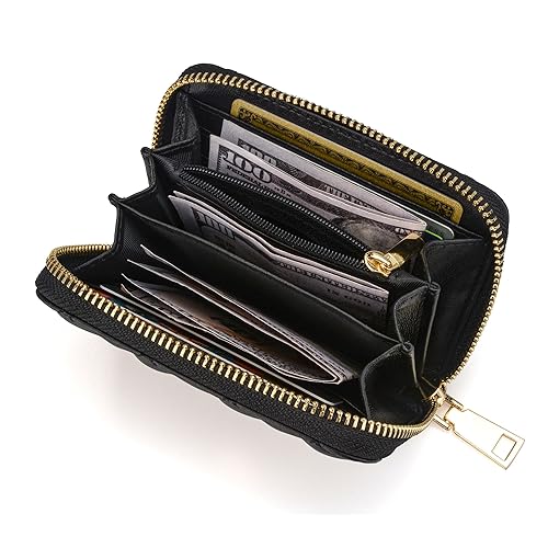 Luxury Quilted Leather Short Small Zipper Compact Wallet Credit Card Holder Zip Around Wallet Coin Purse Business Card Holder Gift for Girl Women Black4