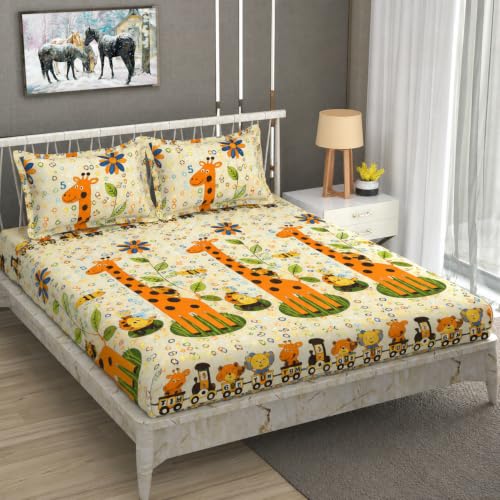 Image of Vram Premium Heavy Cotton Flat Bedsheets with 2 King Size Pillow Covers || Double Bed 350 TC || 90 x 100 Inch King Size Flat || :- Animal Girafe