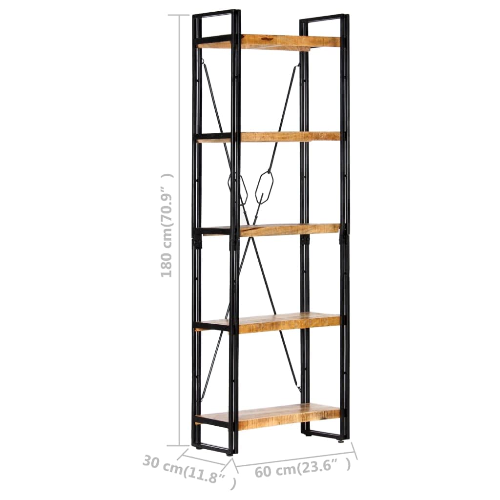 Bücherregal mit 5 Fächern, Standregal aus massivem Mangoholz und pulverbeschichtetem Stahl, Industrie-Design Regal für Wohnzimmer, 60 x 30 x 180 cm