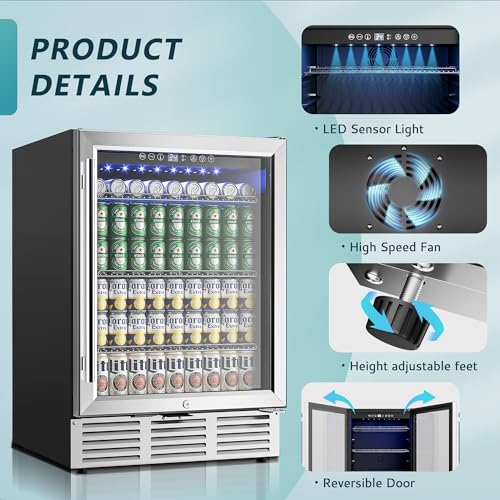 EUHOMY 24 Inch Beverage Refrigerator, 180 Can Built-in Beverage Cooler, Under Counter Beer Fridge with Glass Door for Soda, Water, Wine - For Kitchen, Bar or Office