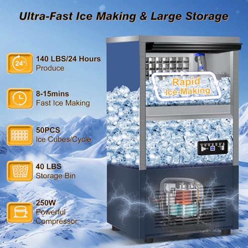 Image of Commercial Ice Maker Machine, 140 lbs /24H with 40 lbs Storage Bin, Built in Ice Machine with 2-Water Inlet Options, Stainless Steel Under Counter Freestanding Ice Maker for Home, Bar, and Restaurant