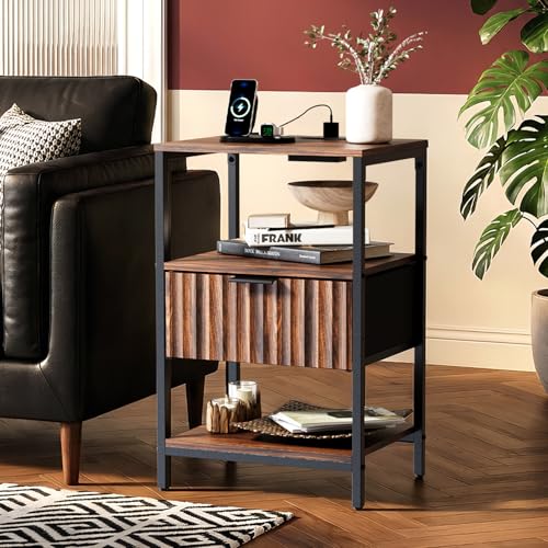 Image of VINGLI Nightstand with Charging Station and Fabric Drawer, Walnut Nightstand Fluted with Drawer, Bedside Table /End Table with Charger Station, Side Table Bedroom, Small Night Stand Dark Walnut, 1 pc