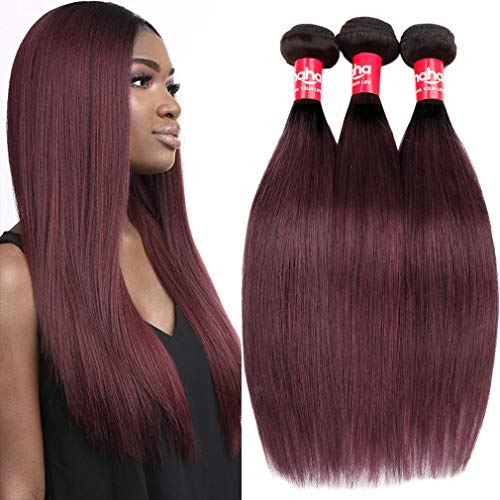 Haha 10A Ombre Human Hair Bundles Burgundy Brazilian Ombre Straight Hair Bundles 1B/99J Wine Red Ombre Weave Hair Human Bundles Two Tones Virgin Hair Extensions 16 18 20