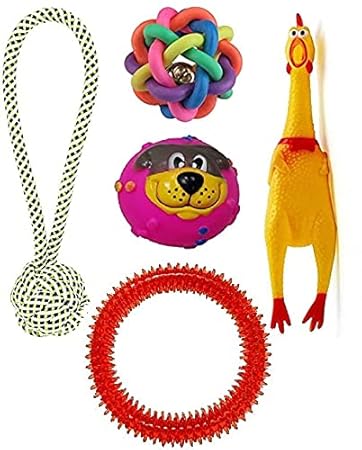 RvPaws Squeaky, Chew Teether Toys for Dog/Puppy - Spiked Ring + Rope Handle Ball + Face Squeaky Ball + Squeaky Hen Big + Rainbow Ball (S) - Combo of 5