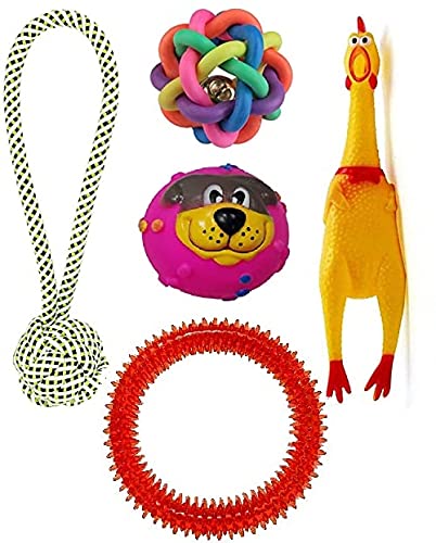 RvPaws Squeaky, Chew Teether Toys for Dog/Puppy - Spiked Ring + Rope Handle Ball + Face Squeaky Ball + Squeaky Hen Big + Rainbow Ball (S) - Combo of 5 (B09H4ZNF6Q) Amazon Price History, Amazon Price Tracker