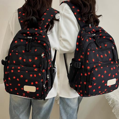Bow Backpack for Women 3Pcs Set Kawaii Coquette Nylon Backpack Cute College Laptop Rucksack Fashion Travel Daypack 2025 New (Black Strawberry)2