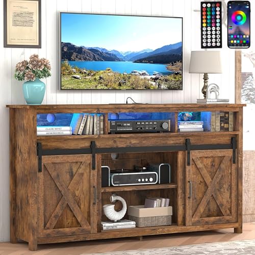 Vinctik 6&Fox 57In Wooden Farmhouse Entertainment Center for 60/65 inch TV,Double Layer Storage Farmhouse TV Stand,Double-Row Sockets with Wood Sliding Barn Door TV Stand(Double Layer Vintage Brown)