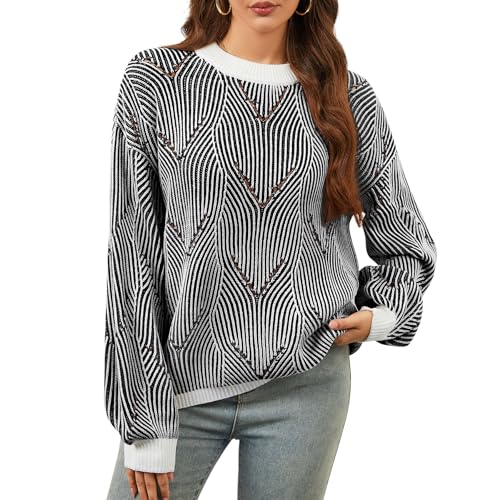 Women's Sweaters Fall 2025 Casual Long Sleeve Crewneck Cute Striped Pattern Knit Pullover Tops S-XL