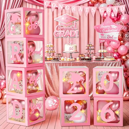 Pink Graduation Decorations Class of 2026 - Set of 4 Balloons Boxes with Letters 2026 GRAD So Proud of You Congrats Grad Party Decorations for Any Grades