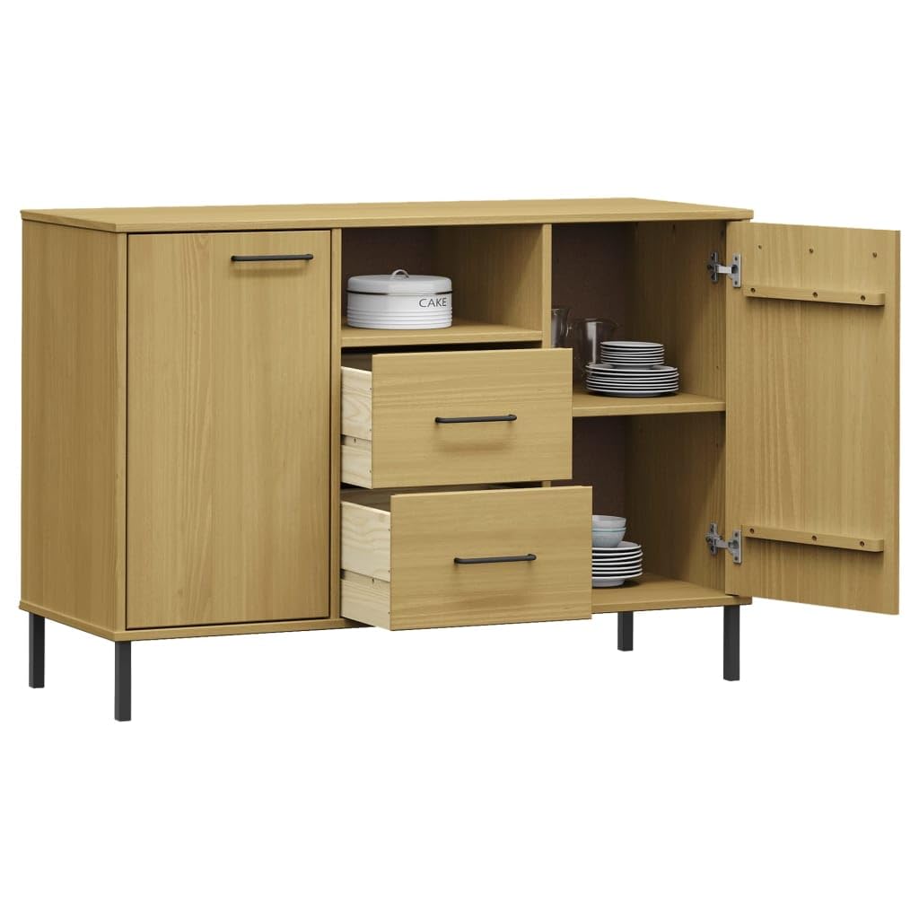 Aparador industrial de madera maciza con patas de metal, color marrón Oslo, 113 x 40 x 77 cm, para salón, cocina, pasillo