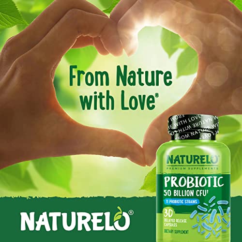 Naturelo Probiotic Supplement - 50 Billion Cfu - 11 Strains - One Daily - Helps Support Digestive & Immune Health - Delayed Release - No Refrigeration Needed - 30 Vegan Capsules #TOP6