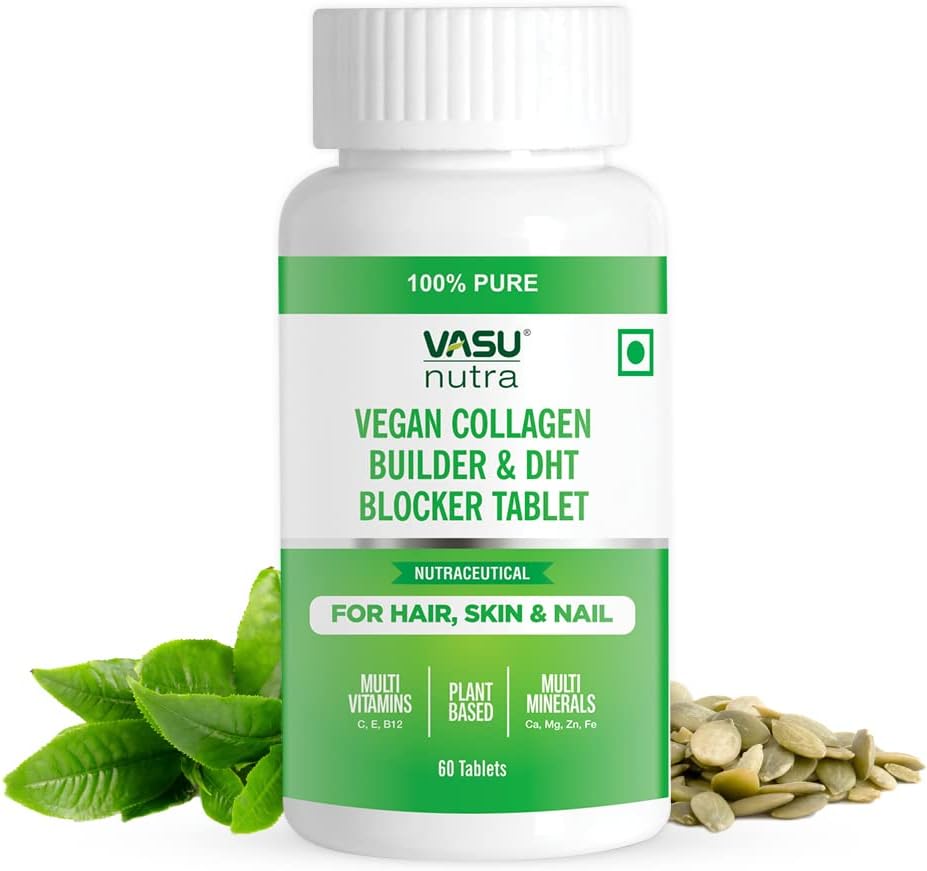 Vasu Nutra Vegan Collagen Builder & DHT Blocker With Biotin- 60 Tablets | Collagen Supplements for Women & Men | Vitamins C, E, B12 | Maintains Healthy Skin, Hair & Nails