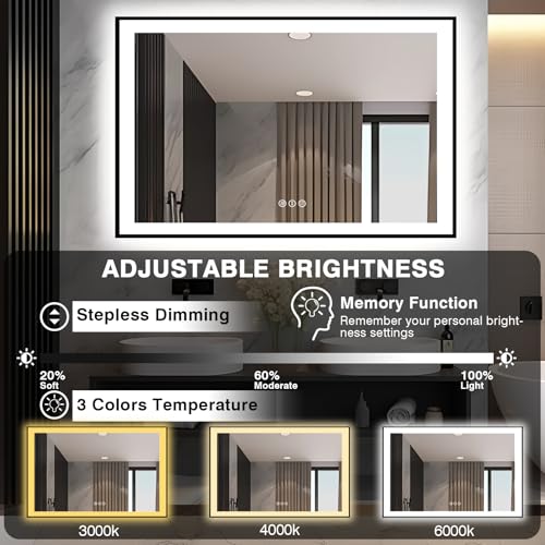 51x32 LED Lit Bathroom Mirror - Black Framed, Front and Backlit LED Lighted, Anti-Fog Bathroom Mirror with Lights, 3 Colors Stepless Dimmable Mirror, Touch Sense (Horizontal/Vertical)