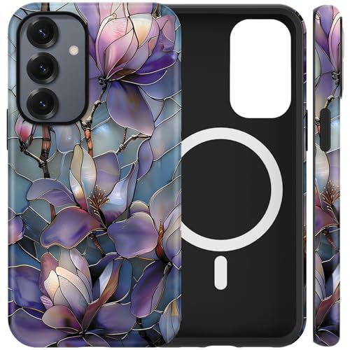 Coque Samsung S25 5G magnétique fleur en verre trempé